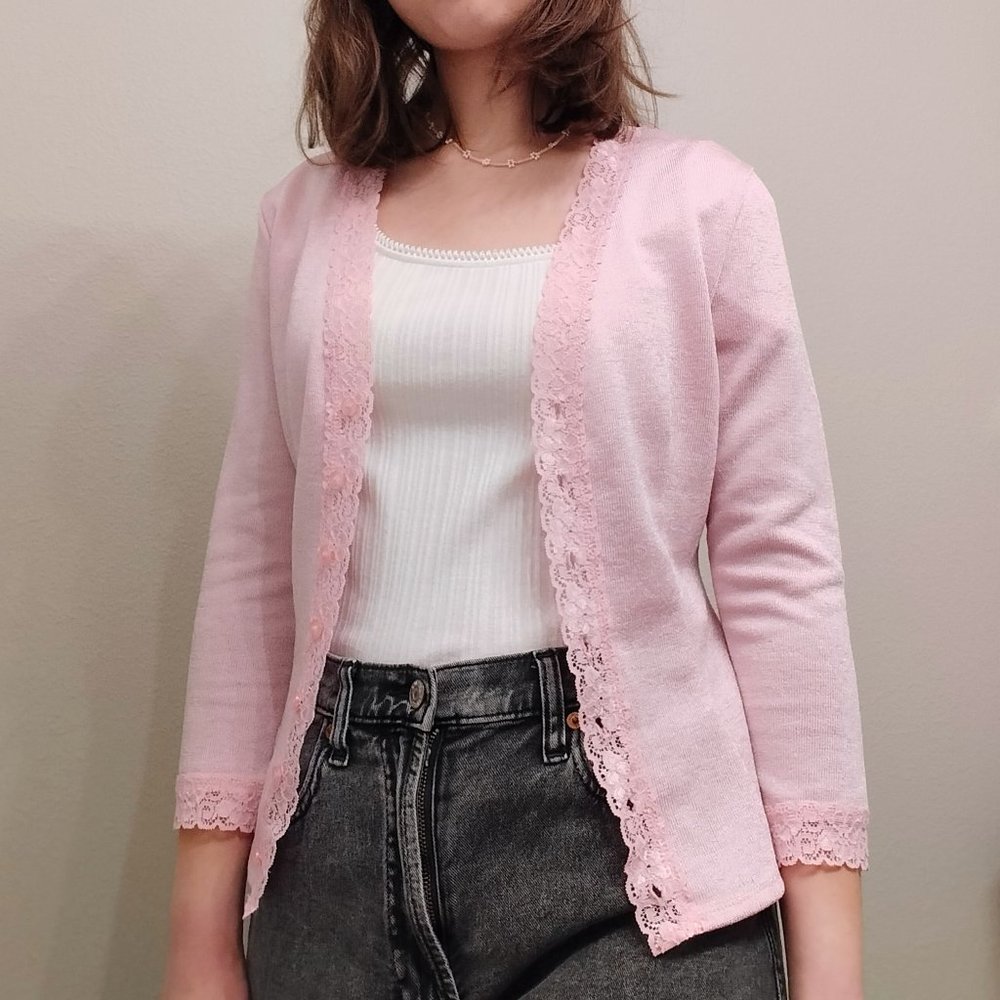 Pink Cardigan with Lace Trim Bisou Bisou
